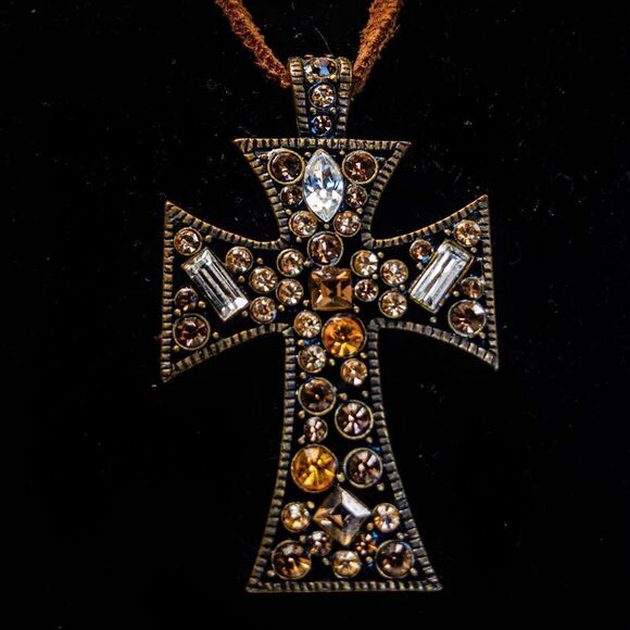 Amber/Citrine Tone Encrusted Holy Cross Pendant Leather Necklace - Picture 3 of 7